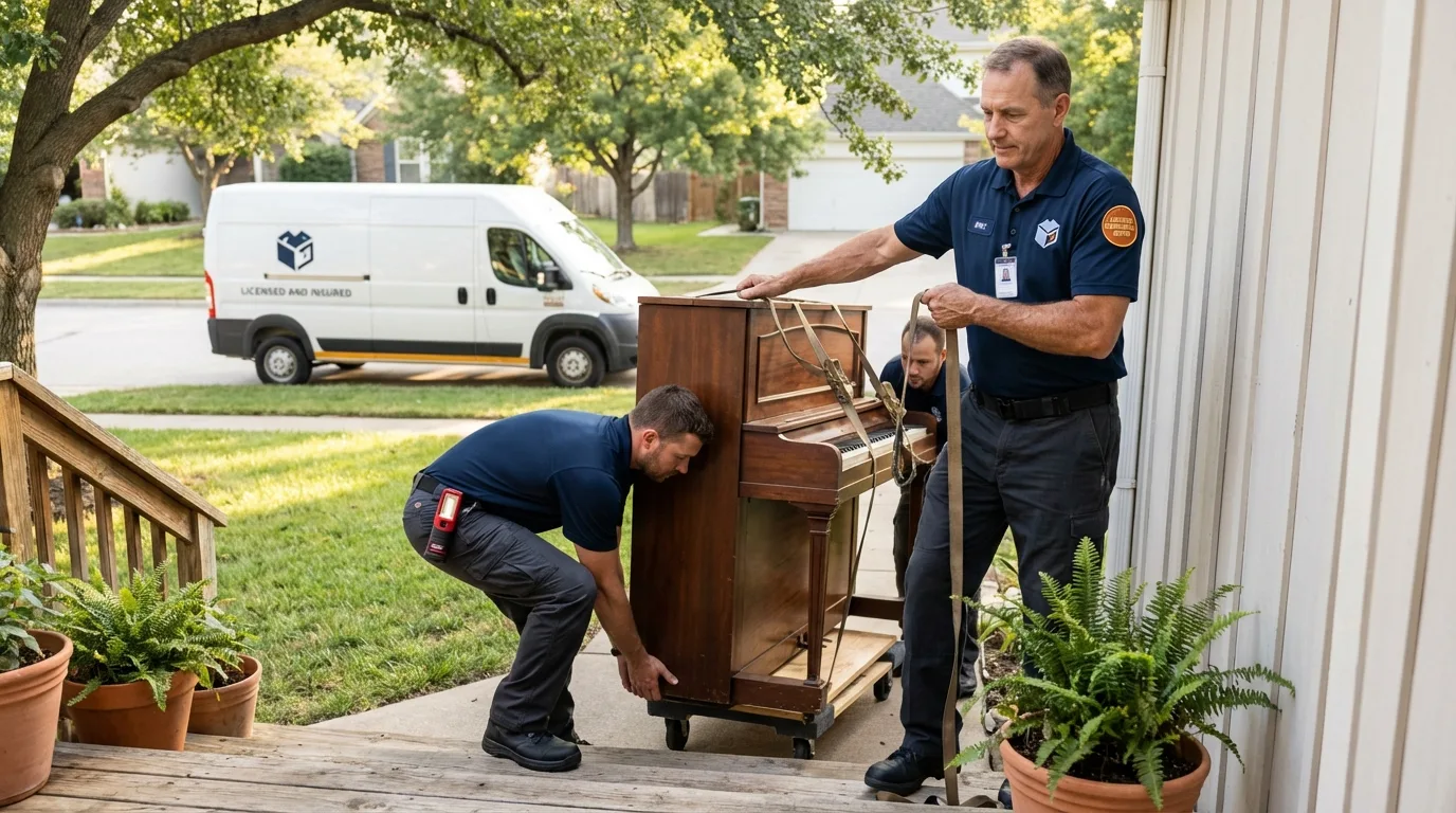 Licensed piano movers securing grand piano in Pella, IA