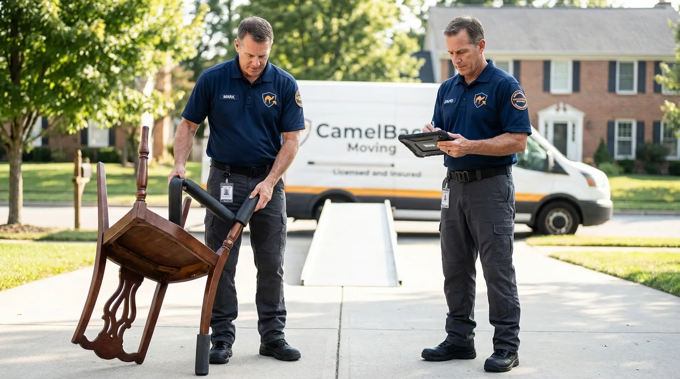 Movers inspecting furniture for damage prevention before loading in Pella, IA