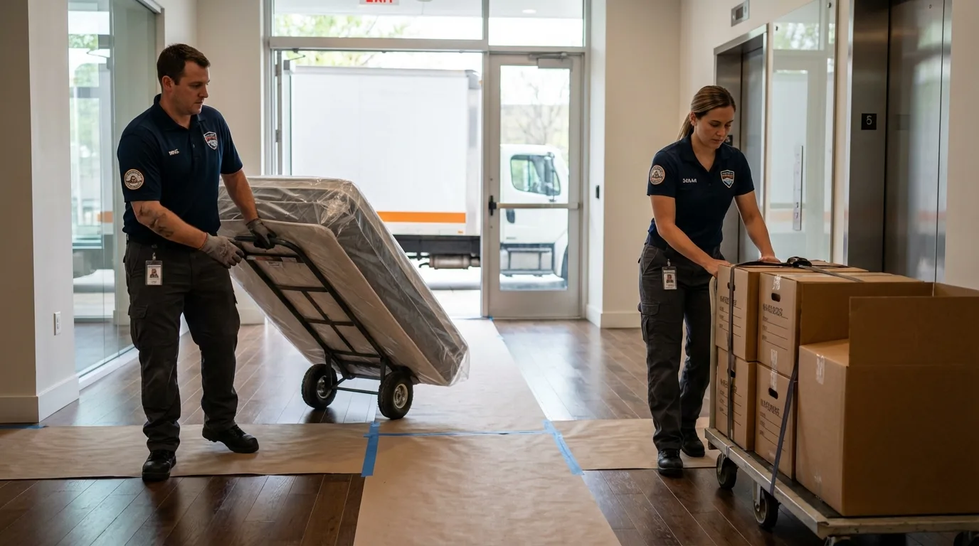 Professional apartment movers loading elevator in Pella, IA